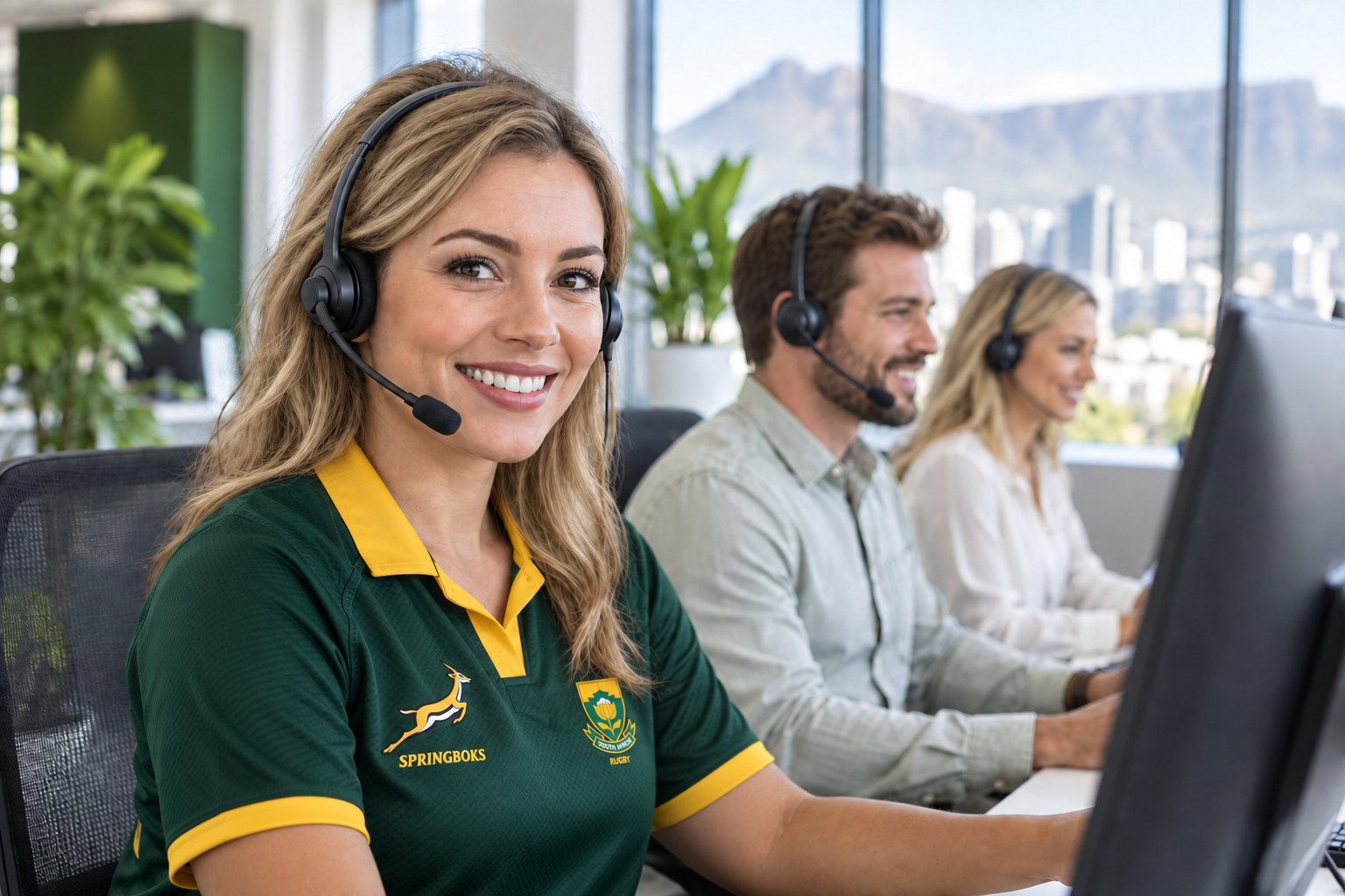 Illustrative image of friendly telemarketing agents wearing headsets in a bright office
